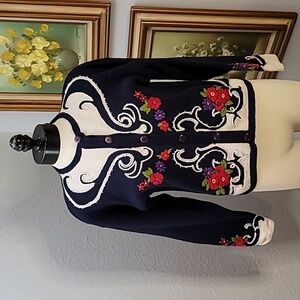 HERMAN GEIST hand embroidered coastal granny cardigan sweater size large blue